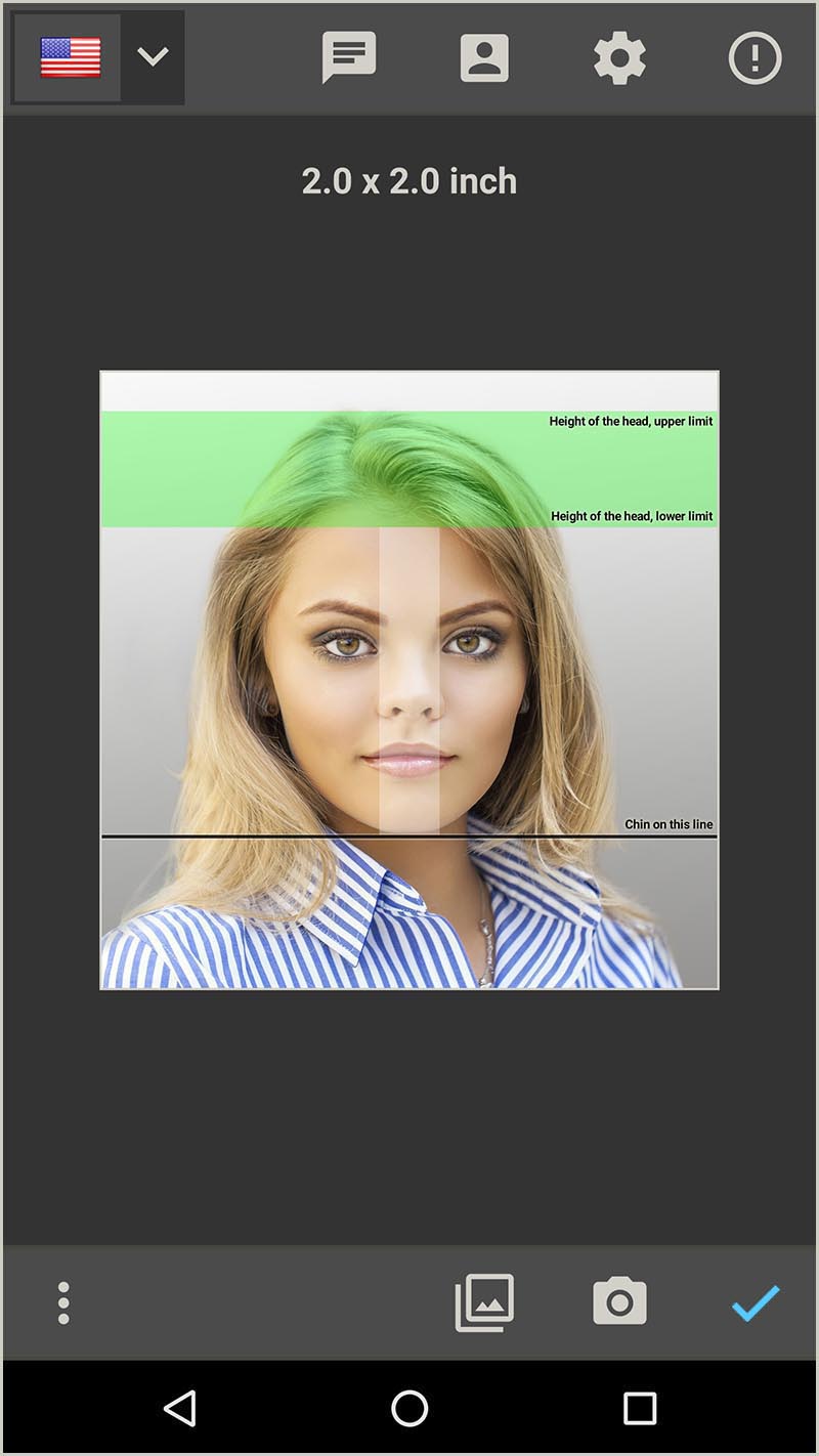 Создайте фотографию паспорта для паспорта США 2 x 2 дюйма (Приложение для Android)