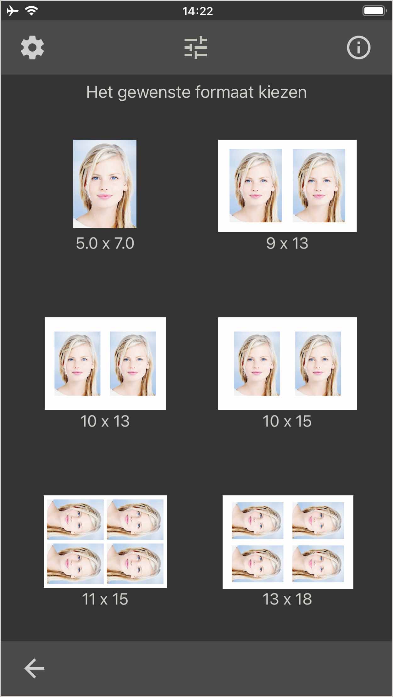 Een toepassingsfoto van 50 x 70 mm afdrukken, opslaan of verzenden. (iOS App)